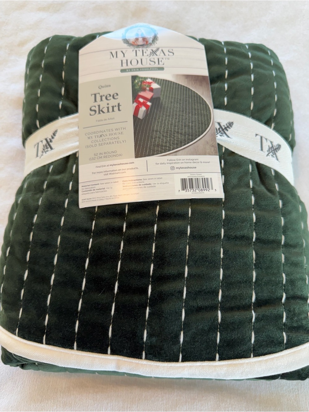 My Texas House Quinn Green Quilted Christmas Tree Skirt 52” Round NWT